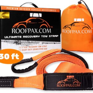 RoofPax Tow Strap 3″ x 30 ft. Off Road Recovery Rope | 30,180 lb Break Strength Capacity | Heavy Duty Winch Strap with Triple Reinforced End Loops | Essential Recovery Kit for Getting Off-Road